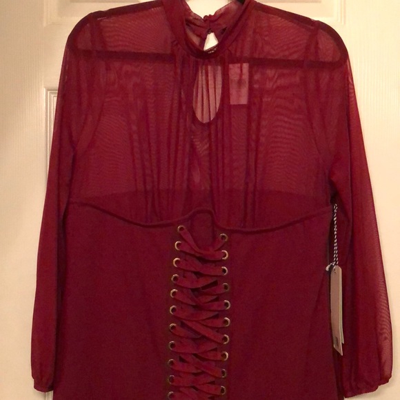 iris Dresses & Skirts - Burgundy Dress with Sheer Upper and Sleeves